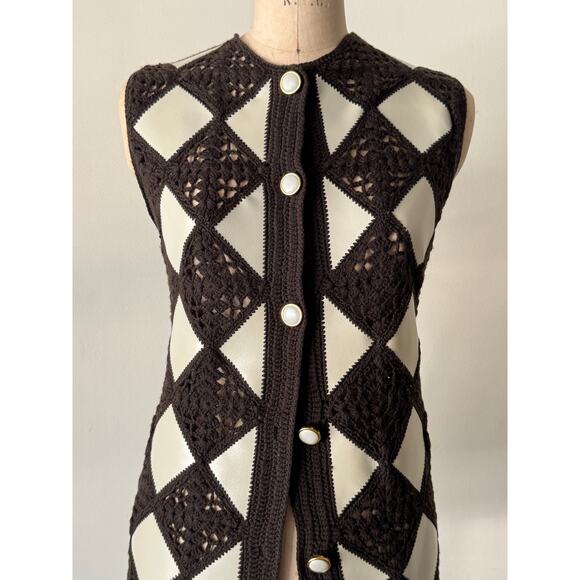 Vintage 1970s Checkered Crochet Chocolate Wool & White Leather Vest - Picture 2 of 3
